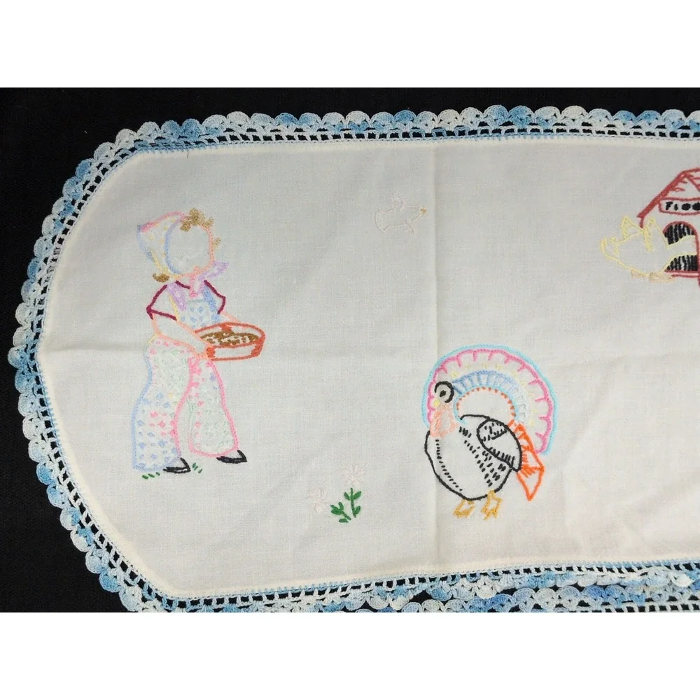 Pair VTG Handmade Embroidered Table Runner Farmhouse Farm Animals Blue Crochet
